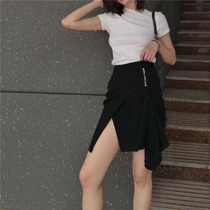 【免费送】夏季新款女装黑色牛仔开叉半身裙不...