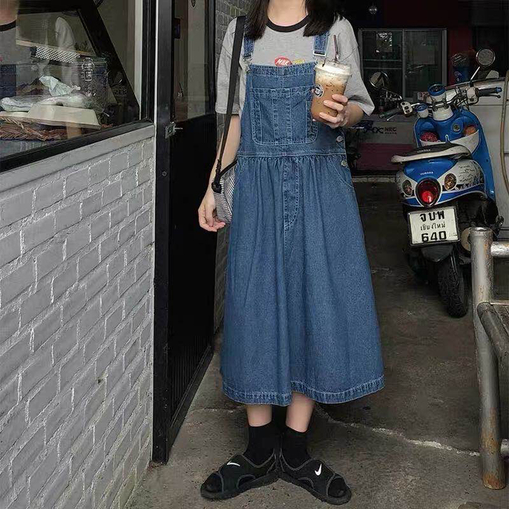 原宿风牛仔宽松背带裙（可调节背带），孕妇也...