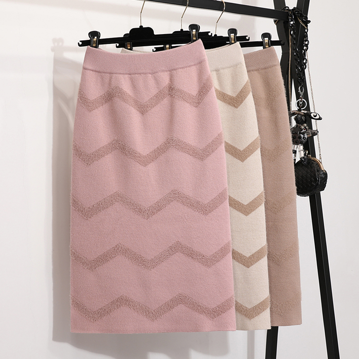 中长款波浪纹针织半身裙女秋冬新款韩版粉色一...