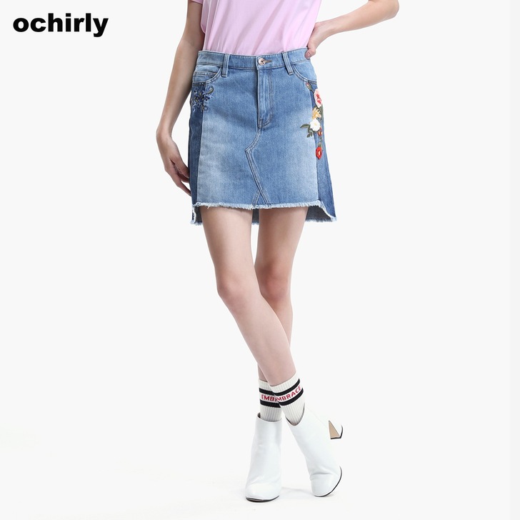 ochirly欧时力秋冬装拼接不规则刺绣牛...