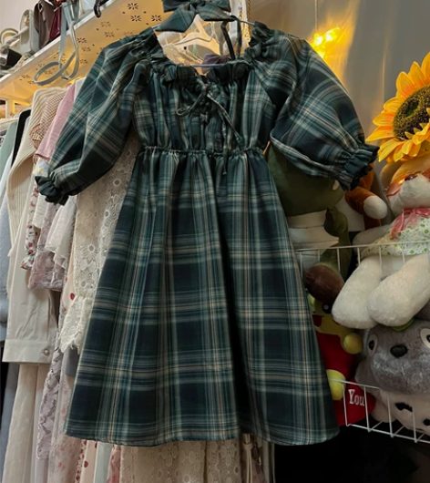 复古墨绿方格jk群连衣裙 送发卡蝴蝶结 包...