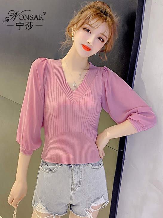 宁莎法式小众2020夏季女V领时尚休闲百搭...