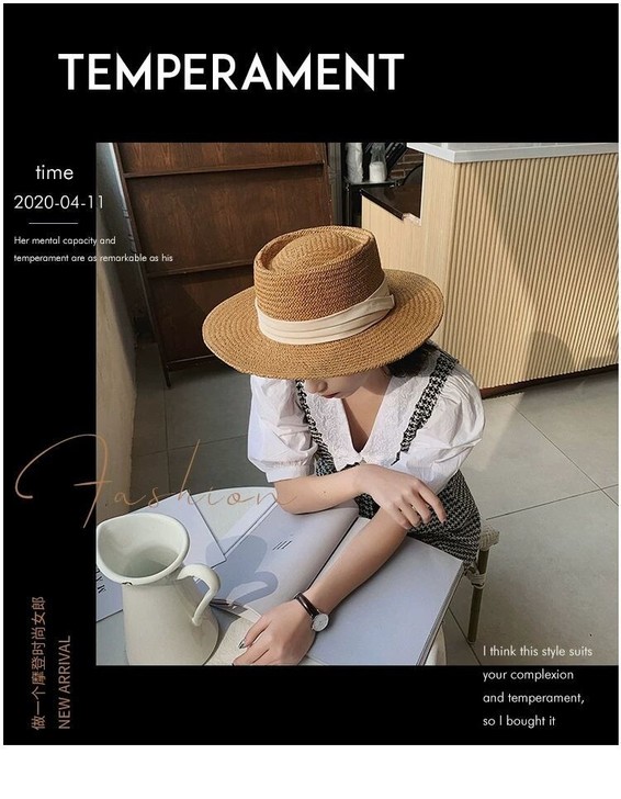 网红平顶草帽女夏海边度假沙滩帽遮阳复古法式...