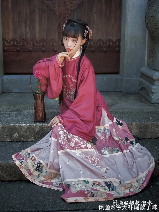 可科幻十三余云梦月升绣花圆领短衫百迭裙汉服