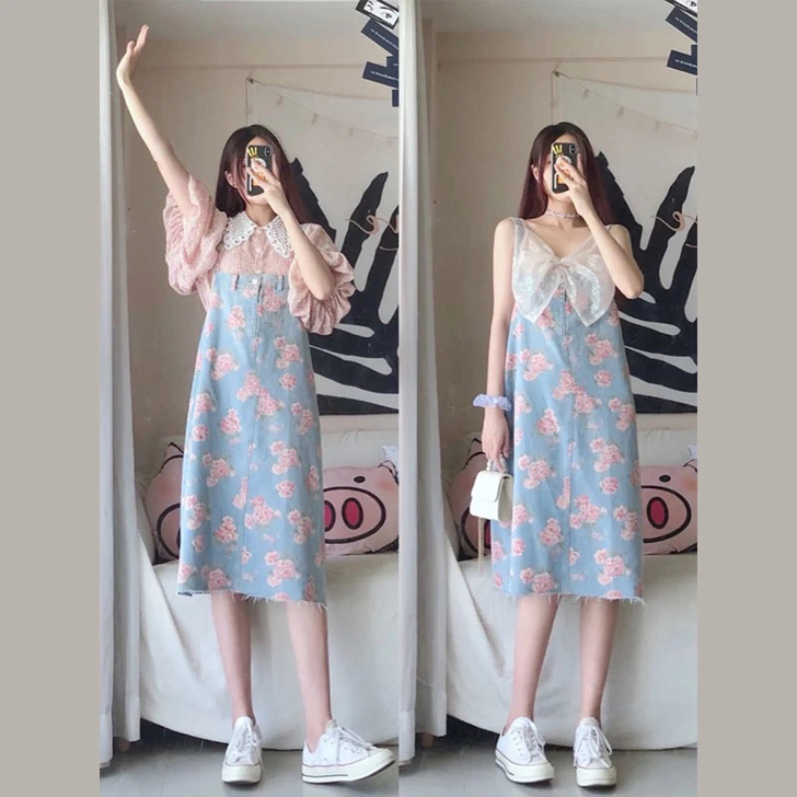 【两件套装】夏季甜欲风裙子女生御姐风碎花吊...