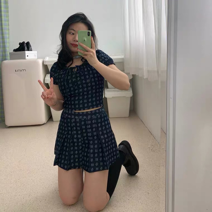 nini自制美式复古百褶裙女bm风格子牛仔...