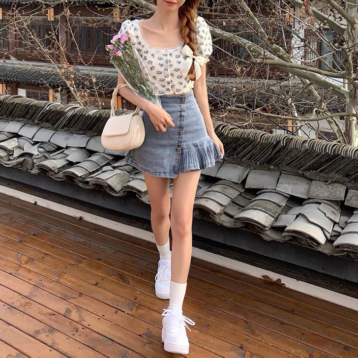 只吃鱼的喵喵喵风琴褶温柔系牛仔a字半身裙女...
