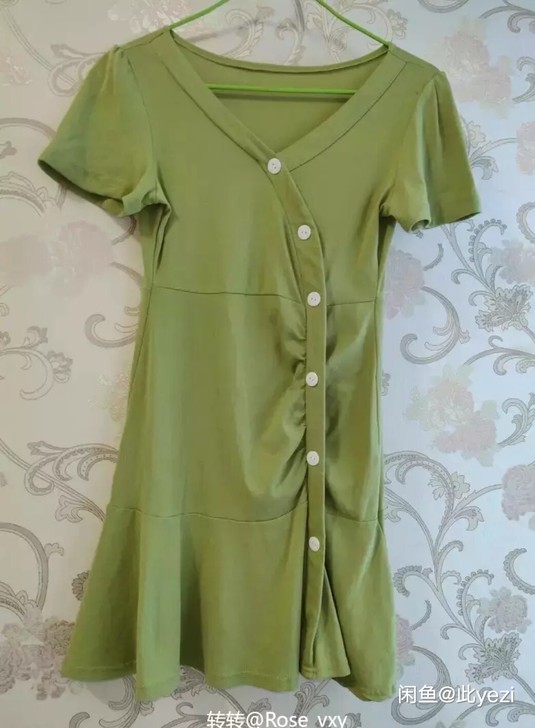宁莎小清新绿色v领不规则单排扣小众牛油合形...
