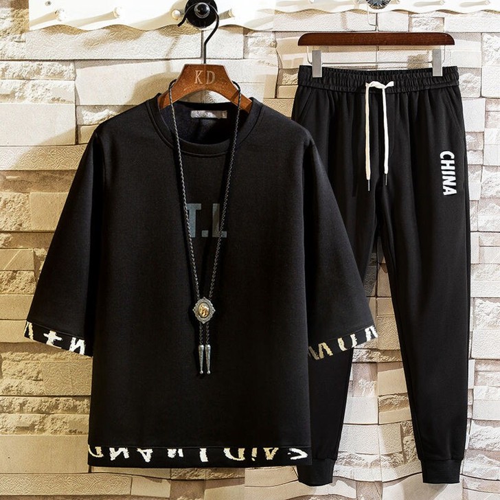 男士套装夏季休闲帅气薄款男生韩版潮流衣服休...