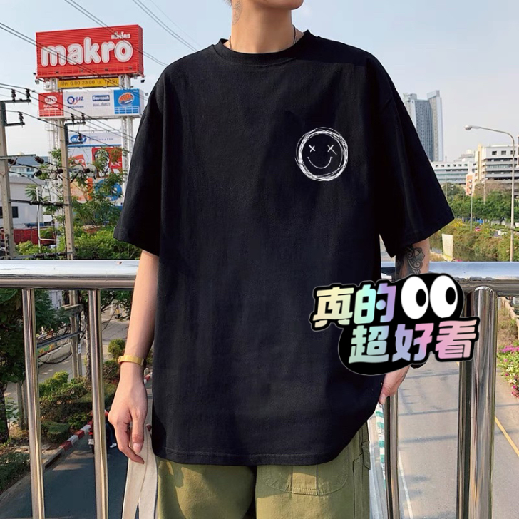 港风t恤男宽松衣服男生短袖ins潮牌半袖五...