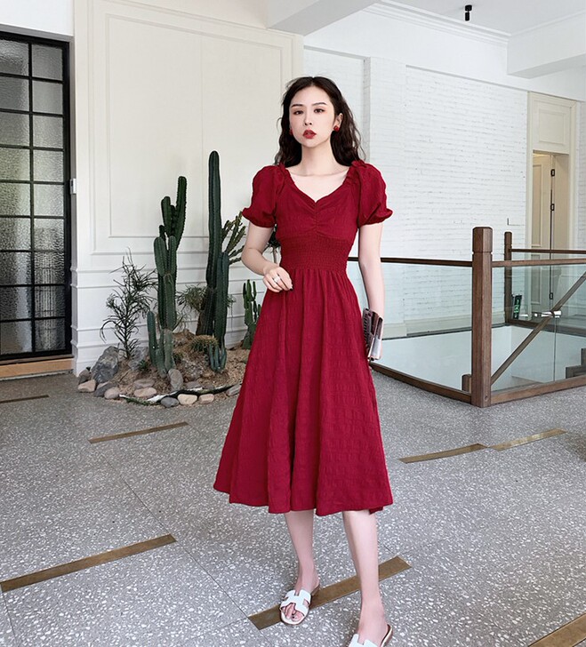 连衣裙2021新款法式修身甜美高腰仙女裙子...