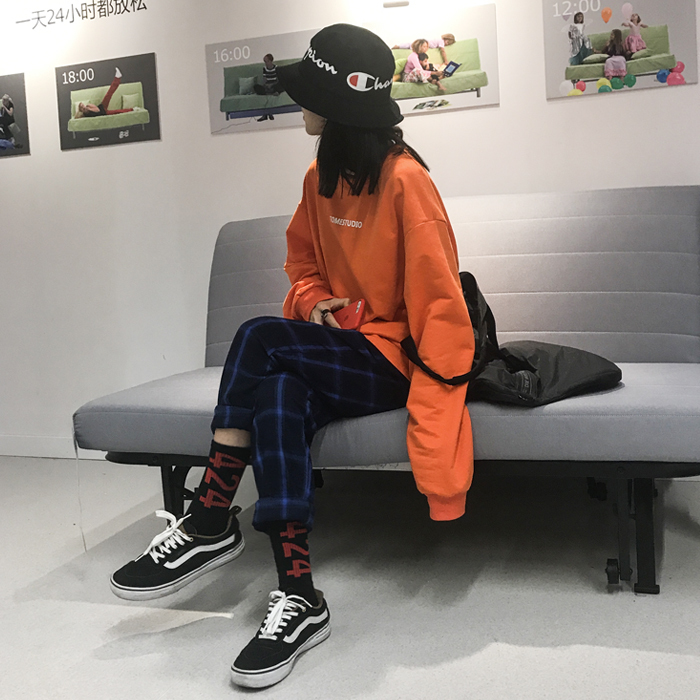 格子裤女2018新款chic风高腰休闲直筒...