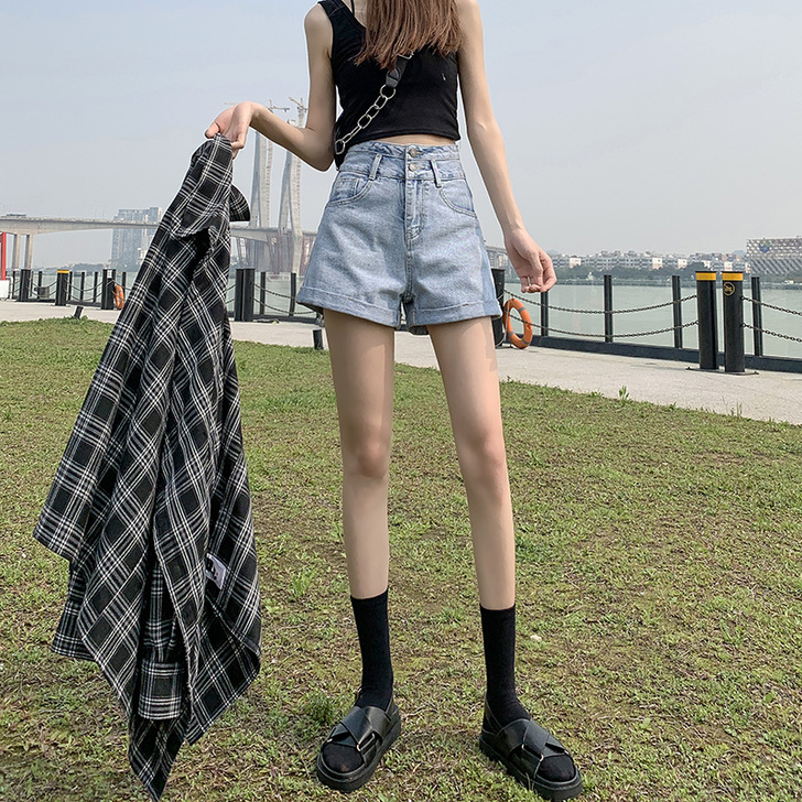 2021年夏季新款夏天超高腰显瘦牛仔短裤女...