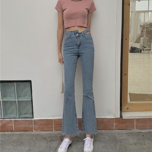 扑啦啦简约韩风设计感高腰显瘦牛仔裤女夏休闲...