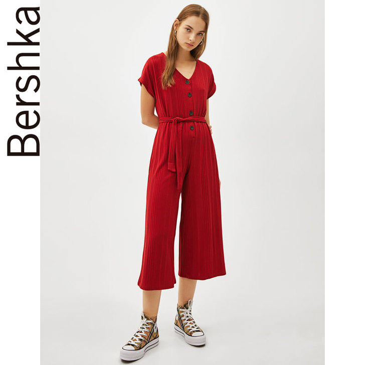 Bershka女士系腰带连身阔腿长裤，砖红...