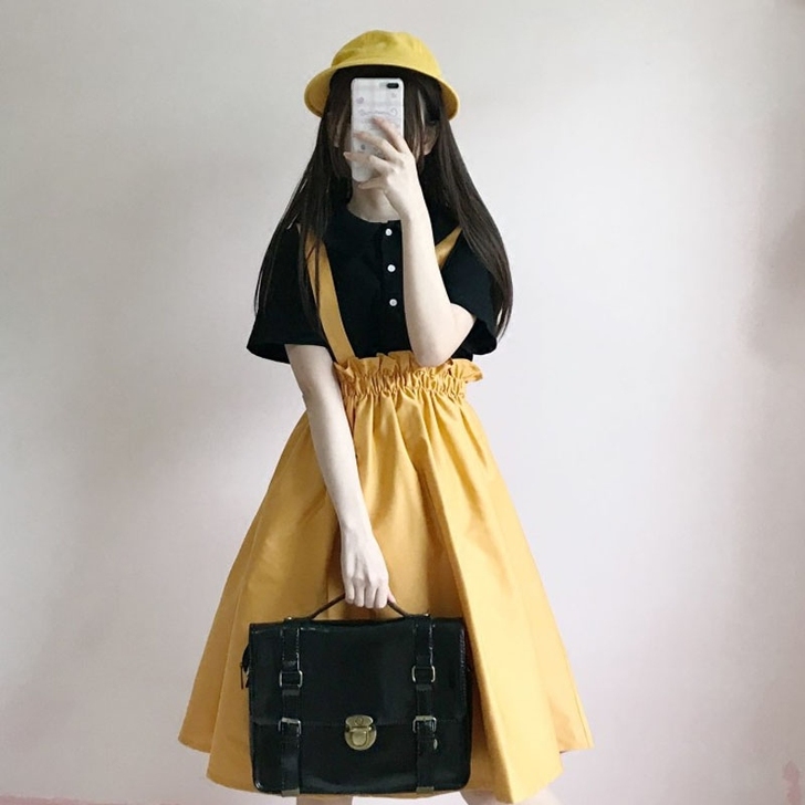 2021夏季新款女装韩版学生高腰背带裙