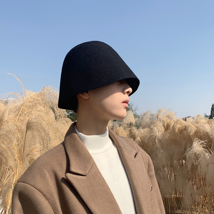 帽子男冬天韩版潮纯色毛呢渔夫帽男日系休闲百...