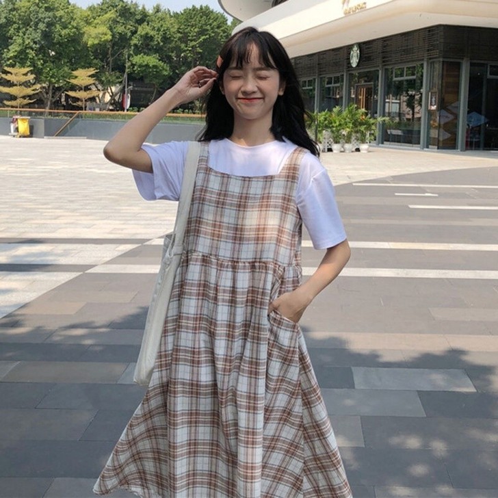 背带裙夏季新款韩版学院风格子连衣裙女学生宽...