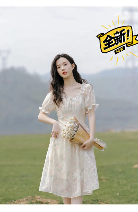 小个子裙子女夏仙女裙泡泡袖法式初恋雪纺茶歇...