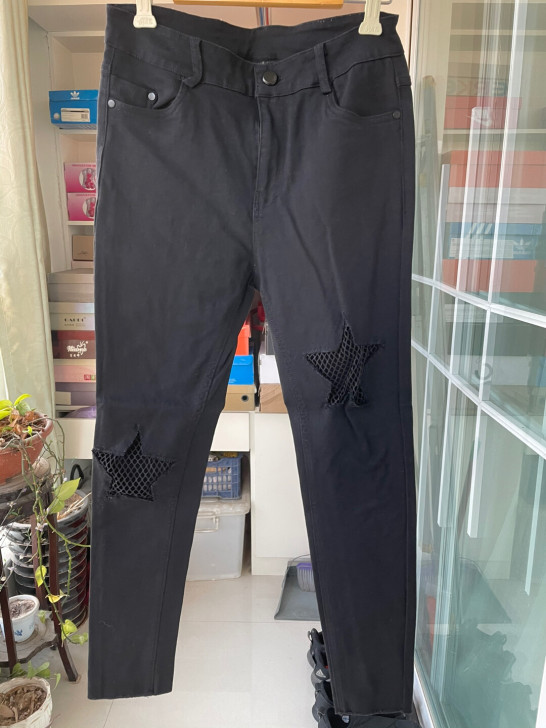黑色补丁破洞弹力铅笔裤小脚裤