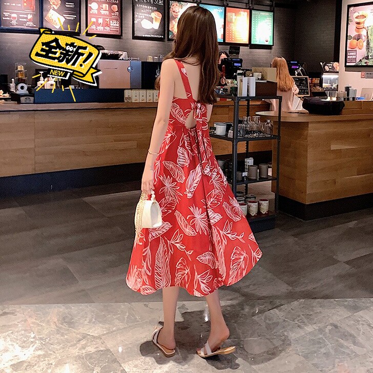 全新吊带连衣裙女露后背蝴蝶结绑带夏大码连衣...