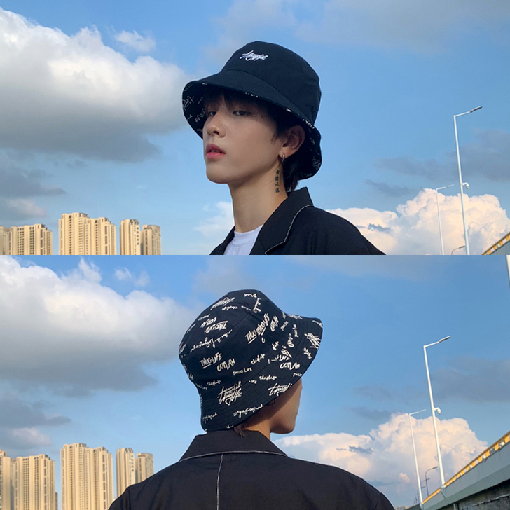 双面戴渔夫帽男士潮人字母涂鸦韩版百搭青年夏...