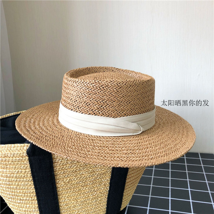 网红同款夏天手工编织宽檐平顶礼帽女防晒草帽...