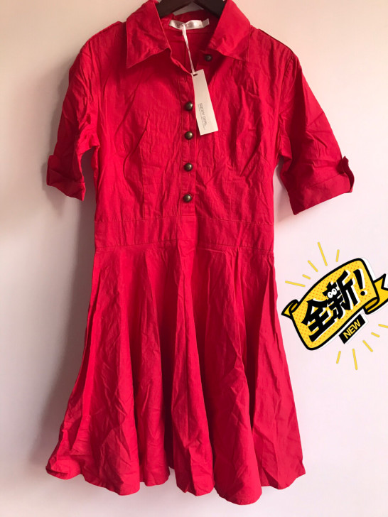 三件包邮全新纯棉衬衫领大摆红色连衣裙