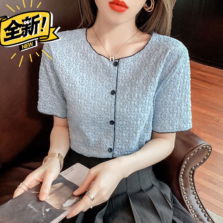 【高品质】简约撞色洋气镂空蕾丝衫2021爆...