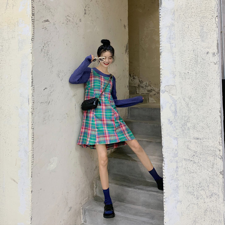 范智乔 黑白格子连衣裙夏小清新2019新款...
