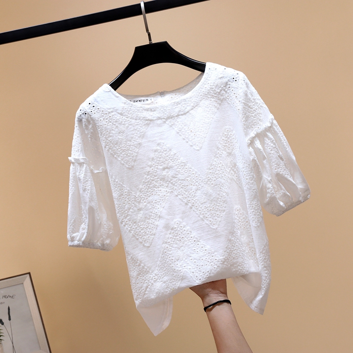 白色短袖镂空蕾丝衫2020夏季新款韩范仙女...
