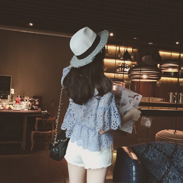 韩版夏纯色蕾丝衫镂空勾花拼接宽松上衣短袖#...