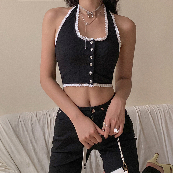 KLIOU 复古风蕾丝花边挂脖吊带气质露背...