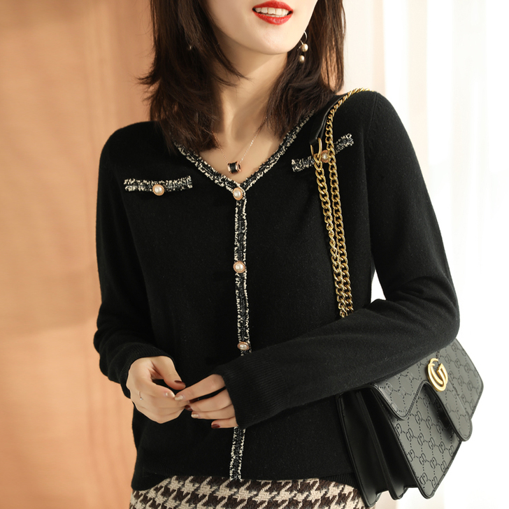 秋冬新款羊绒衫女V领开韩版宽松珍珠扣羊毛针...