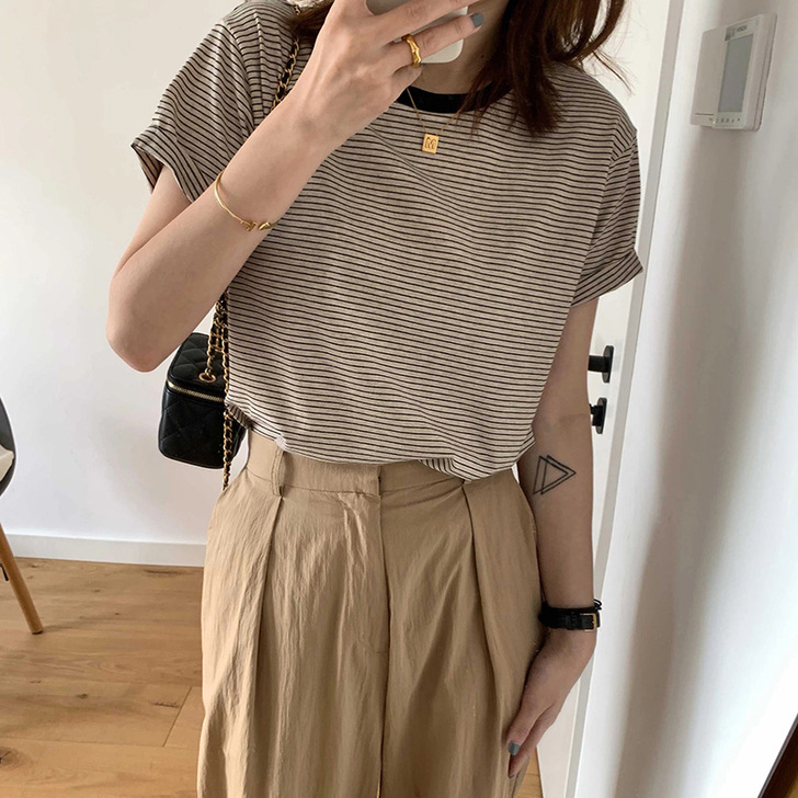 条纹短袖t恤女夏季设计感小众2021年新款...
