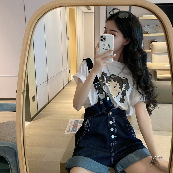 网红牛仔背带短裤女夏天韩版宽松高腰小个子减...