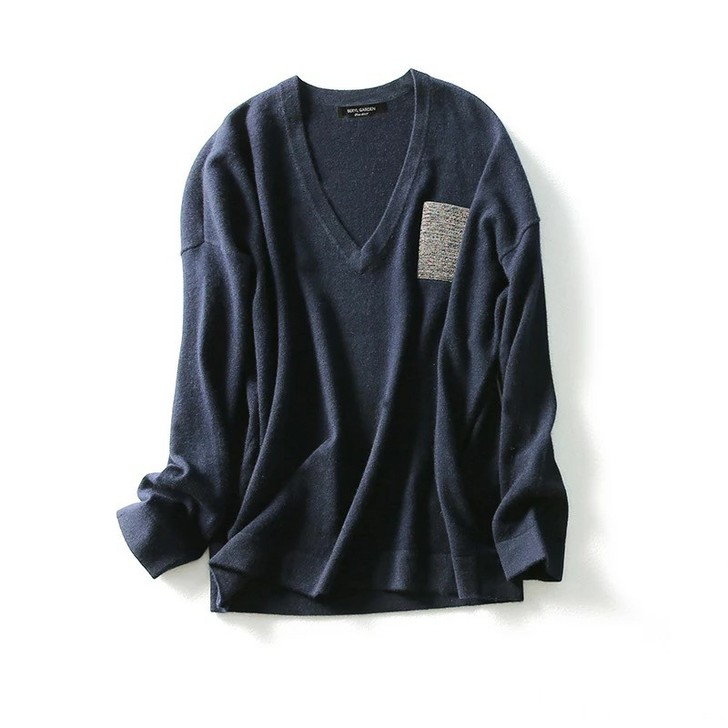 贝丽花园藏青色全羊绒V领羊绒衫，巨显瘦