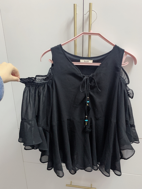 snidel民族风雪纺衫蝴蝶结黑色飘逸