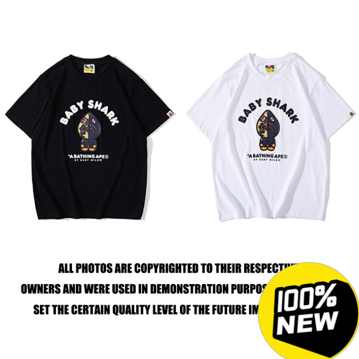 日系潮牌新款鲨鱼猿人卡通字母印花纯棉男女情...