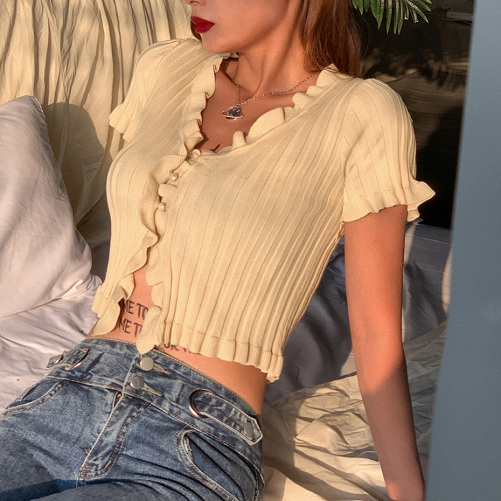 KLIOU 复古短款t恤短袖女夏季百搭V领...