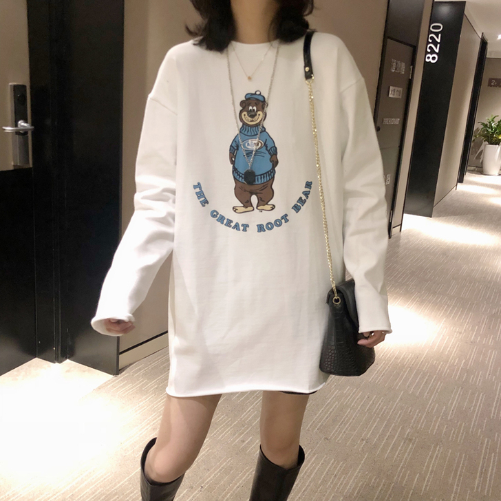 2020秋冬新款加绒白色t恤女宽松中长款纯...