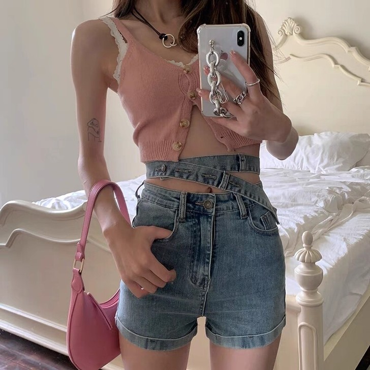 究极小腰精~韩系酷甜少女夏日古着辣妹可拆卸...