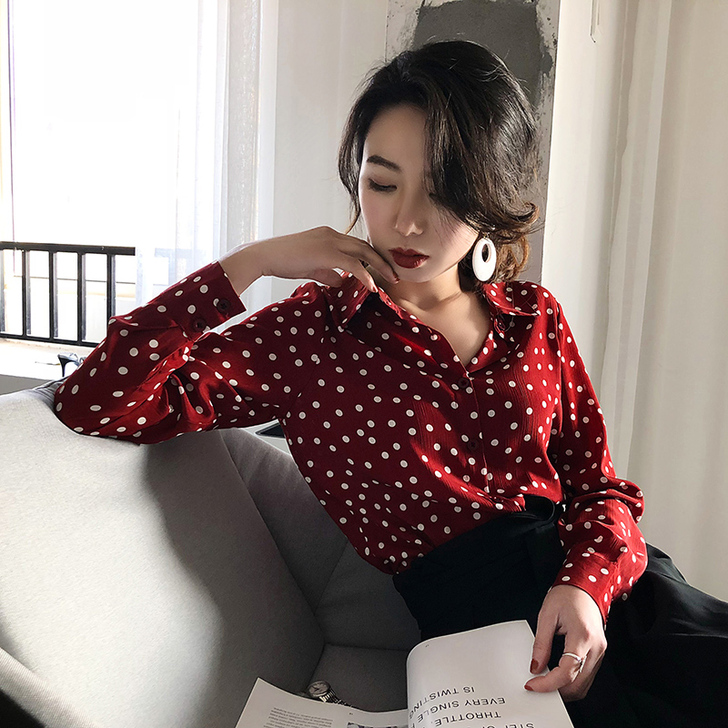 2020新款春夏季雪纺波点衬衫女长袖洋气复...