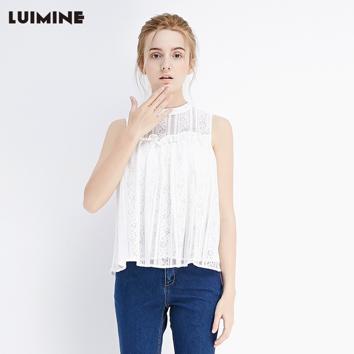 LUIMINE夏装新款日系立领无袖蕾丝衫#...