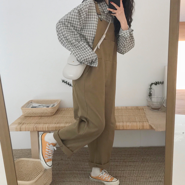 港味复古高腰牛仔裤女宽松休闲口袋背带长裤学...