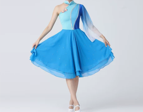 ?蓝色碧雨幽兰舞台独舞伞舞演出服长裙古典舞...