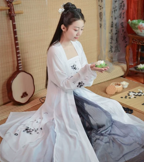 如梦霓裳汉服女绣花长褙子花非花白色水墨风对...