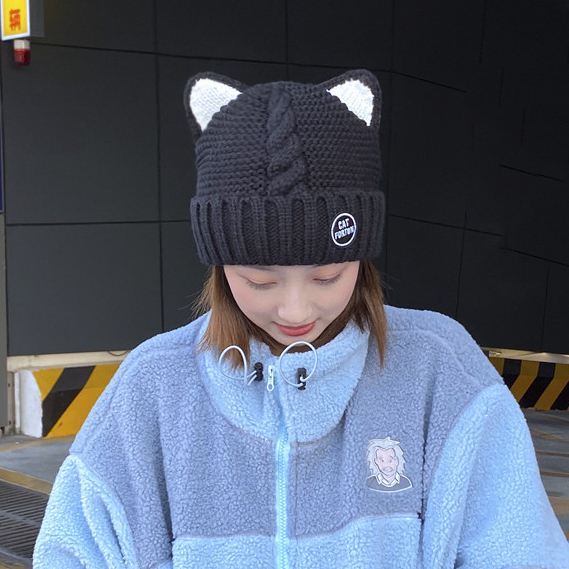 显脸小猫耳朵针织毛线帽子女秋冬韩版加绒保暖...