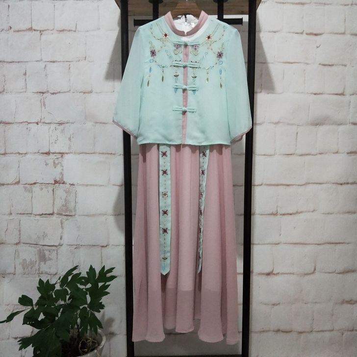 全新池夏汉服女芙蕖仙女超仙薄荷绿连衣裙两件...
