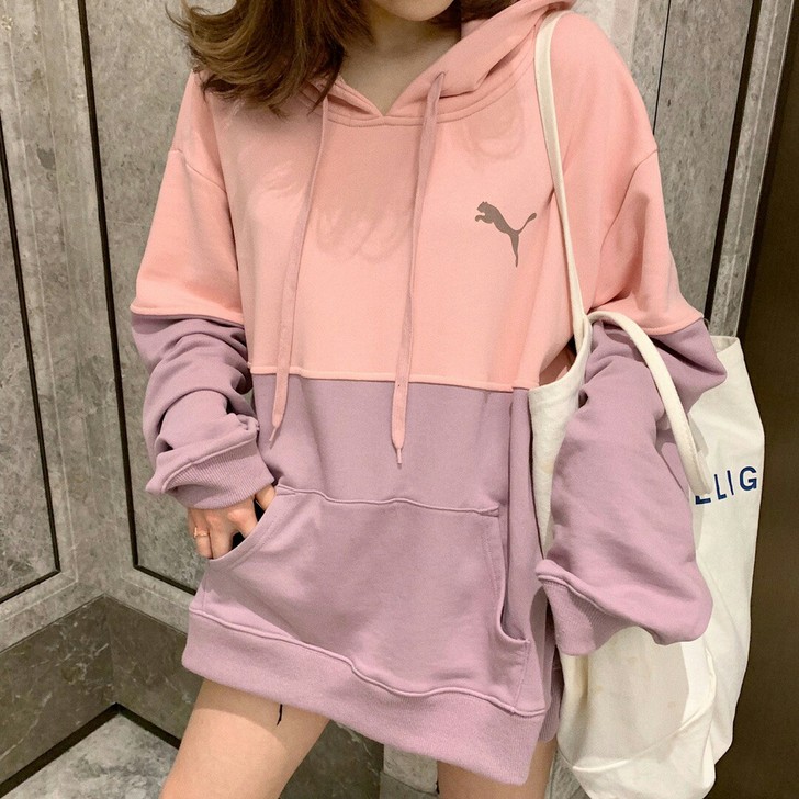 puma彪马秋冬季加绒连帽卫衣女拼接粉色宽...